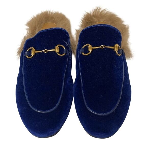 Gucci Princetown Fur Slipper EU 38 US 8 Blue Velvet Horsebit Mule Loafer Flats - Picture 2 of 10